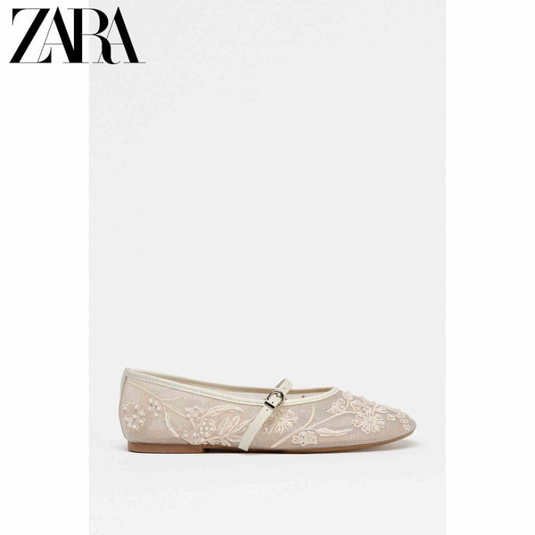 ZARA 2025 women's ballet shoes with mesh embroidery and pearls, adjustable strap, round toe, 0.5 cm heel, white.