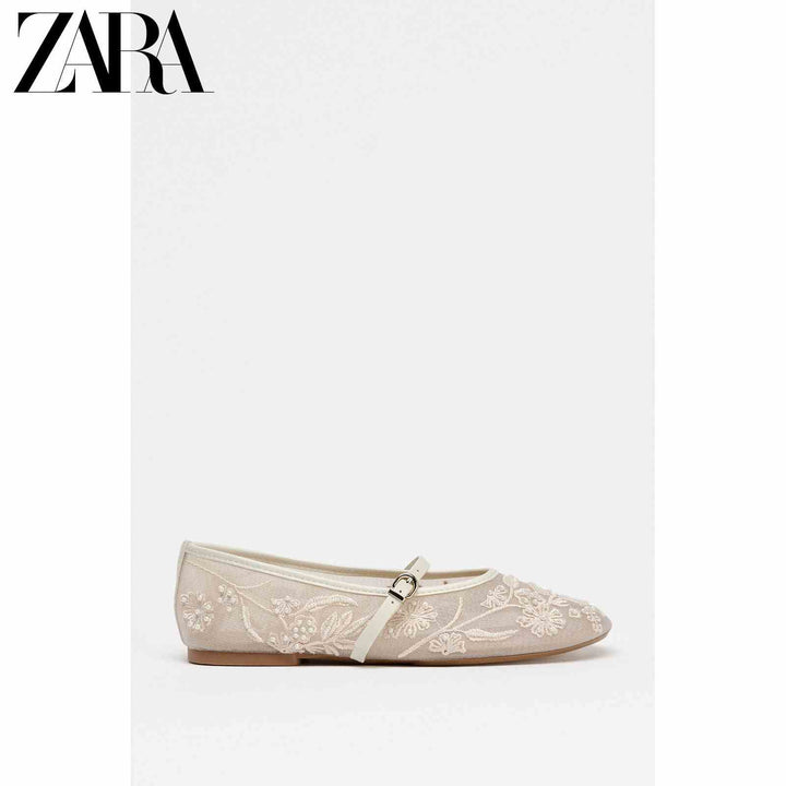 ZARA 2025 women's ballet shoes with mesh embroidery and pearls, adjustable strap, round toe, 0.5 cm heel, white.