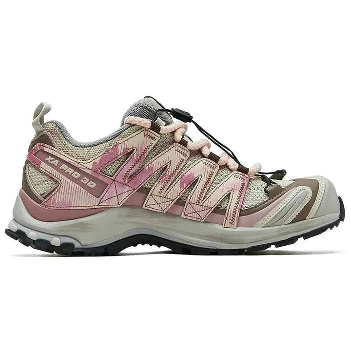 Salomon XA Pro 3D limited edition panda prank sneaker in beige, light pink, brown, and gray with Contagrip sole and Quicklace system