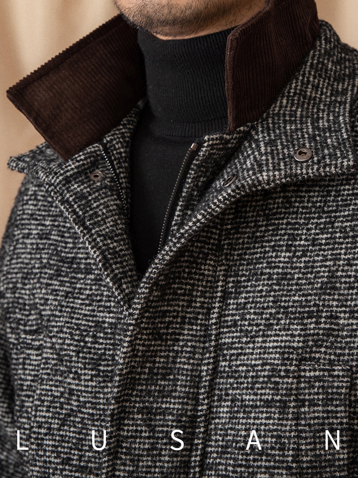 Mr. Lusan 92% wool heavy جاكيت with black and white tweed fabric, brown korduroy collar, and windproof button flap.