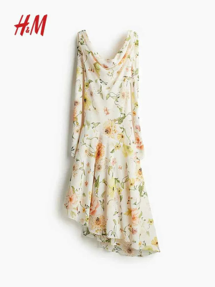 H&M floral sleeveless midi dress with cowl neck and asymmetrical hem.