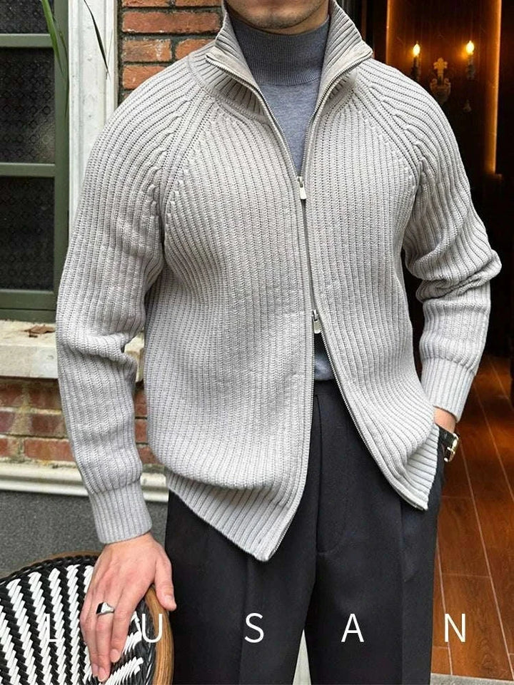 Mr. Lusan cardigan retro slim knit zip-up in light beige with ribbed pattern and high collar