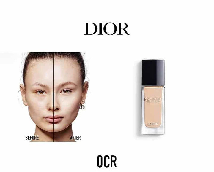 Dior Forever Foundation luxury set with before and after face showing radiant, natural, long-lasting coverage and hydrating formula