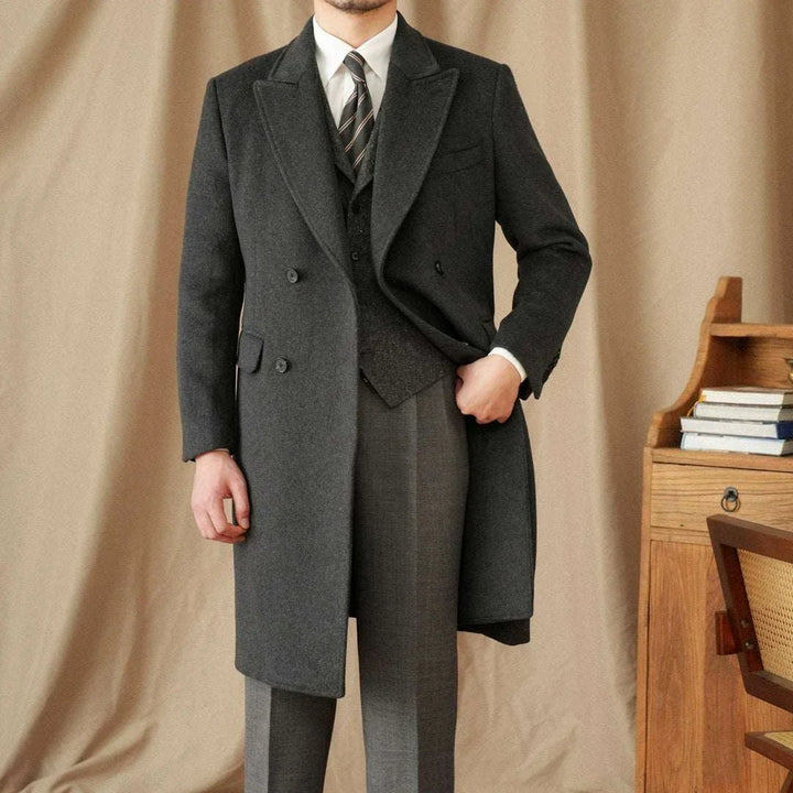 Mr. Lusan gentleman British double-breasted wool coat with peaked lapel in dark gray