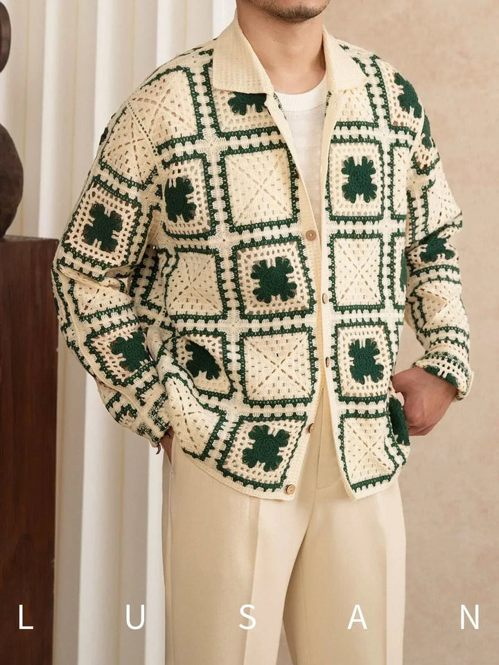Mr. Lu San's autumn كارديجان knitted crochet plaid cardigan with cream base and dark green accents, shirt collar, wooden buttons, worn with beige pants