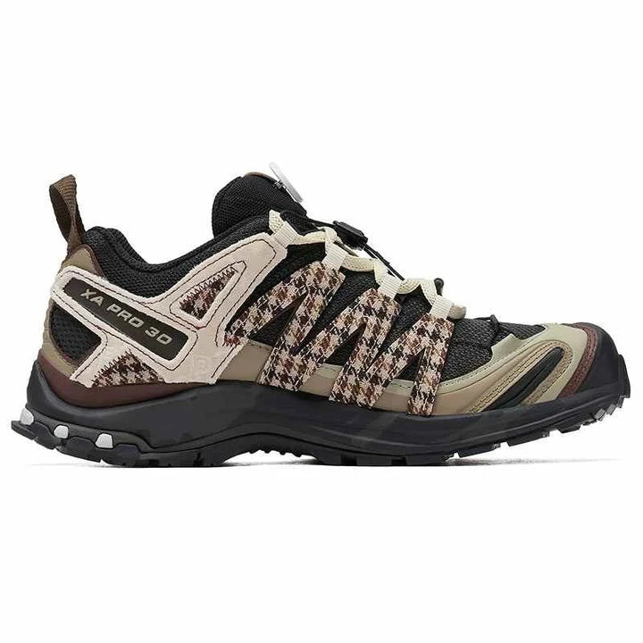 Salomon XA Pro 3D sneaker in PandaPrank Limited Edition with Houndstooth pattern, beige, brown, and black colors, featuring Contagrip sole and Quicklace system.