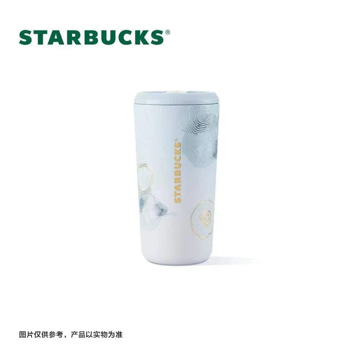 كوب ستاربكس بتصميم مطفي أزرق وأبيض بنقوش ذهبية، مع عزل حراري وغطاء محكم للاستخدام اليومي والسفر