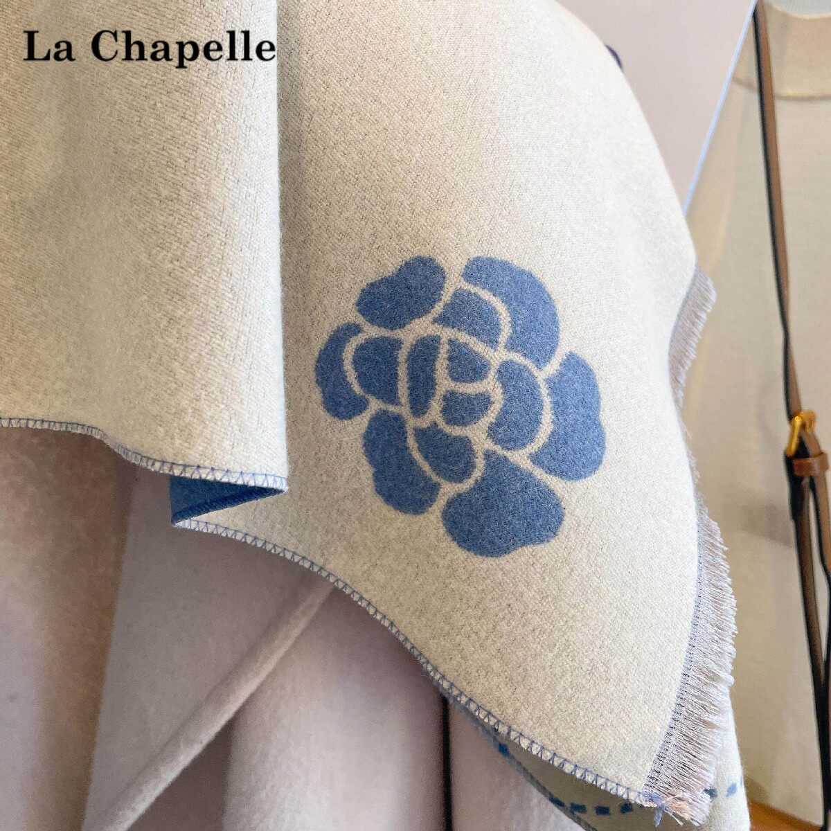 لقطة قريبة لزهرة زرقاء على زاوية الوجه الكريمي من شال La Chapelle الشتوي