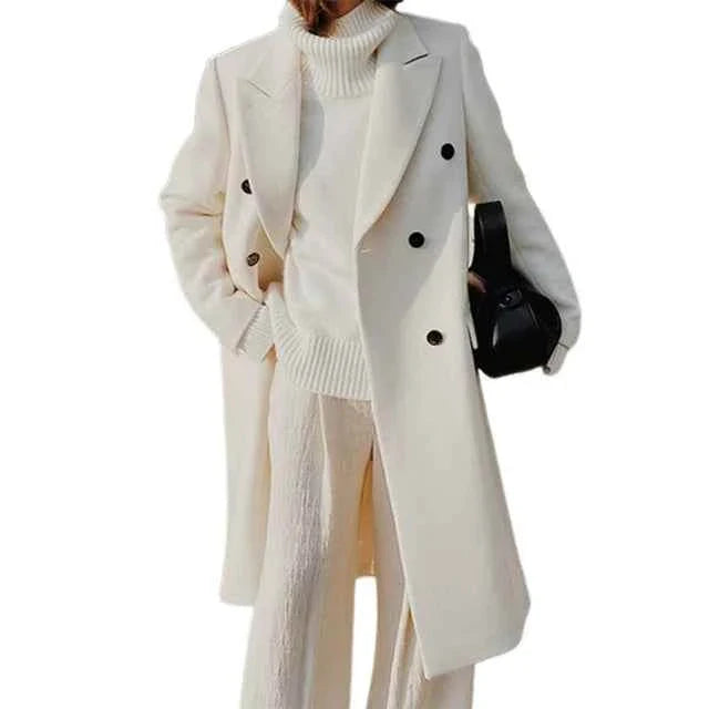 Classic winter coat with modern design and double buttons in white color