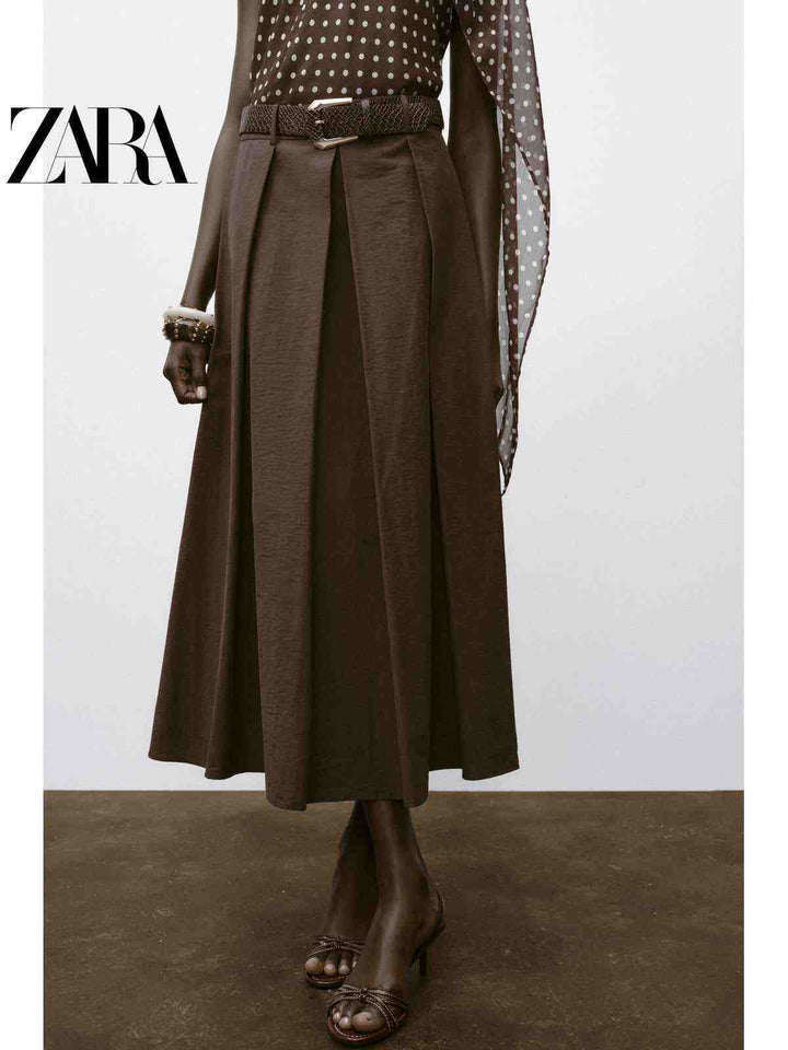 تنورة متوسطة الطول بني عالية الخصر بتصميم  ZARA2025 Autumn A-Line مع حزام من مجموعة ZARA2025 لخريف النساء