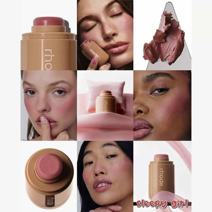 Rhode Pocket Blush Stick cream blush stick in rosy shade applied on diverse models for natural luminous cheeks and lips.