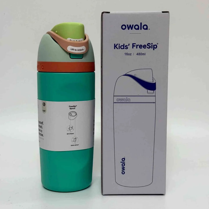Owala FreeSip kids' insulated water bottle with dual spout, leak-proof design, and stainless steel construction.
