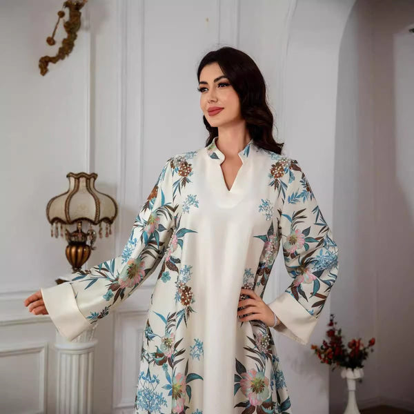 Elegant floral patterned white dress for a luxurious Ramadan look.