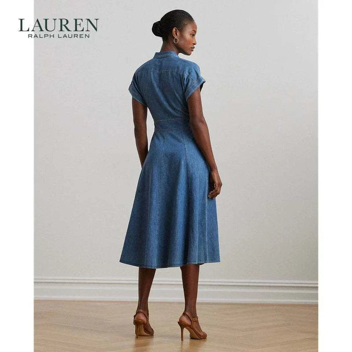 فستان دنيم كلاسيكي نسائي من Lauren by Ralph Lauren بأكمام قصيرة وياقة كلاسيكية وحزام خصر جلدي مزدوج