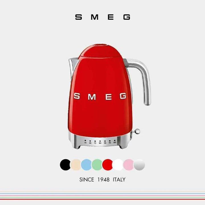 Red SMEG KLF04 Retro electric kettle with stainless steel body, 1.7L capacity, temperature control, and classic Italian design.