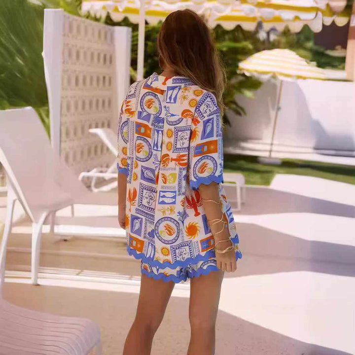 European and American 2024 fashion lace wave shirt short suit, colorful design, outdoor setting.