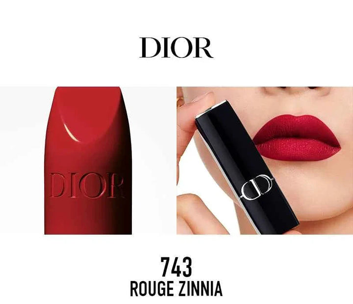 Close-up of Rouge Dior classic red lipstick shade 743 Rouge Zinnia with Dior logo embossed, applied on lips showing rich, bold color and luxurious black case.