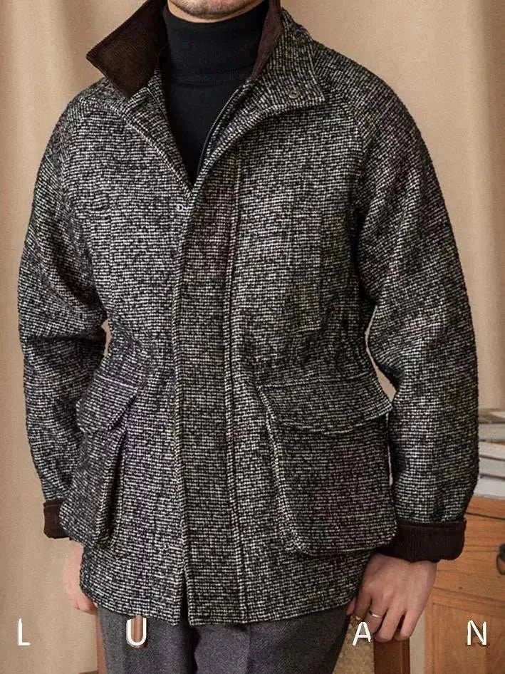 Mr. Lusan 92% wool heavy جاكيت black and white tweed coat with korduroy collar and front pockets