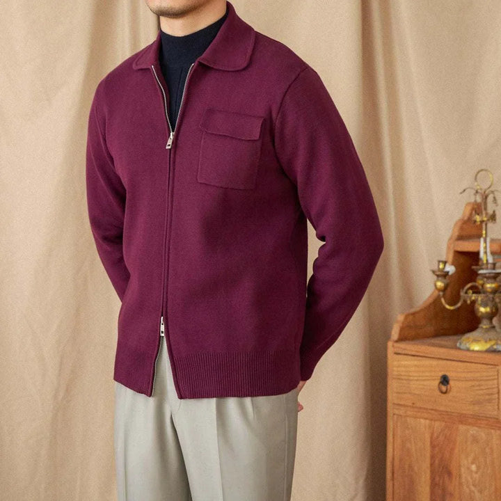 Mr. Lu San's slim British light cardigan jacket in deep purple with zip and chest pocket