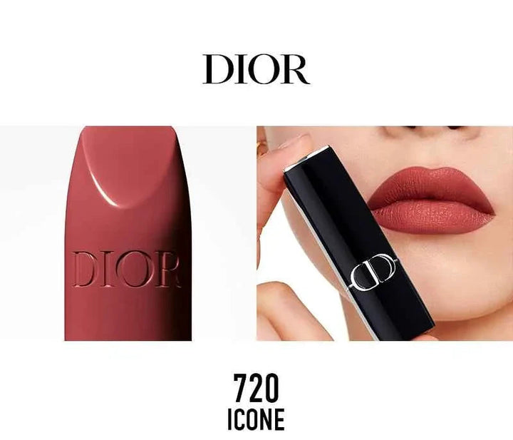 Rouge Dior الكلاسيكية lipstick shade 720 Icone with elegant matte finish on lips and Dior embossed bullet