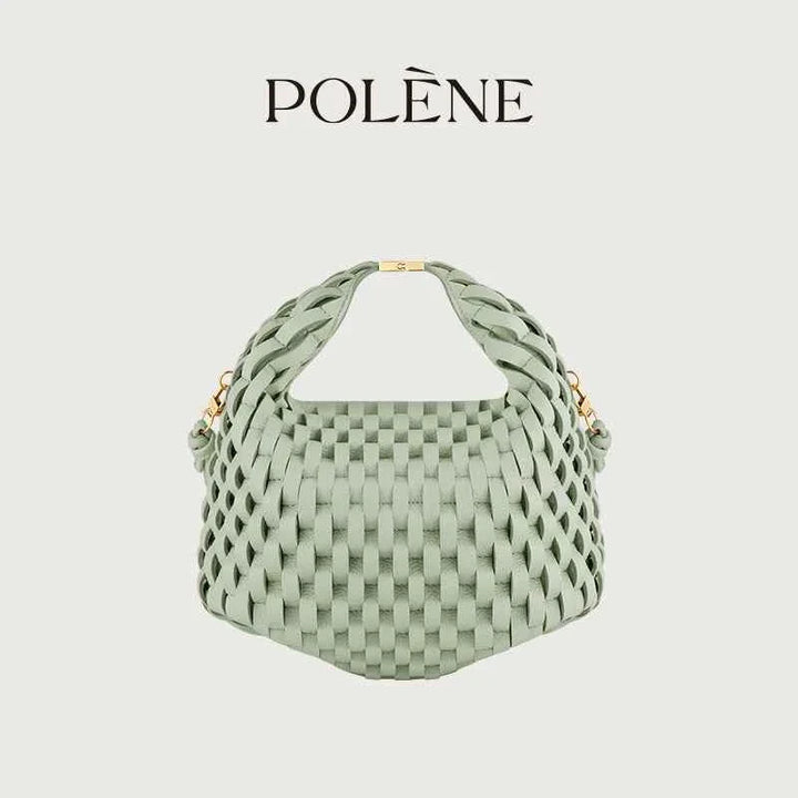 Polène Béeri woven leather handbag in almond green with top handle and gold-tone hardware