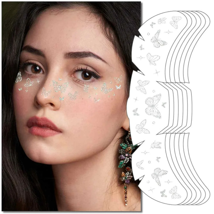 Woman wearing Taylor Swift Freckle Makeup Patches with butterfly designs on cheeks and nose.