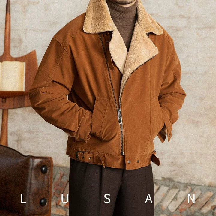 Mr. Lusan English jacket with sherling fur collar and caramel suede material for warmth and style