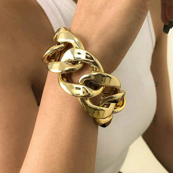 سوار نسائي معدني ذهبي بسلسلة سميكة بتصميم هندسي ونمط بانك موضة 2025 thick chain bracelet إكسسوار عابر للحدود أوروبي وأمريكي