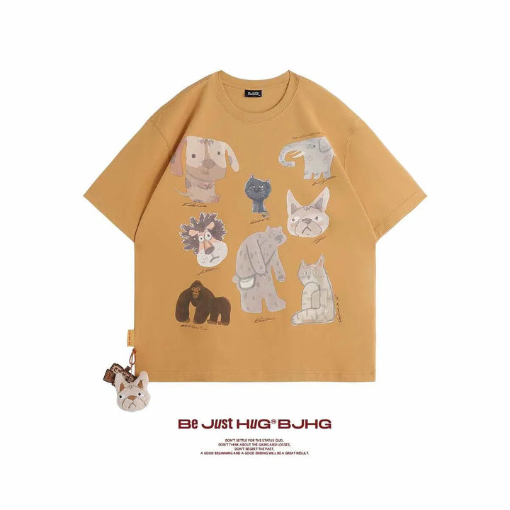 Beige casual t-shirt with cartoon animal prints including dog, cat, elephant, gorilla, and rabbit designs, lightweight and comfortable.