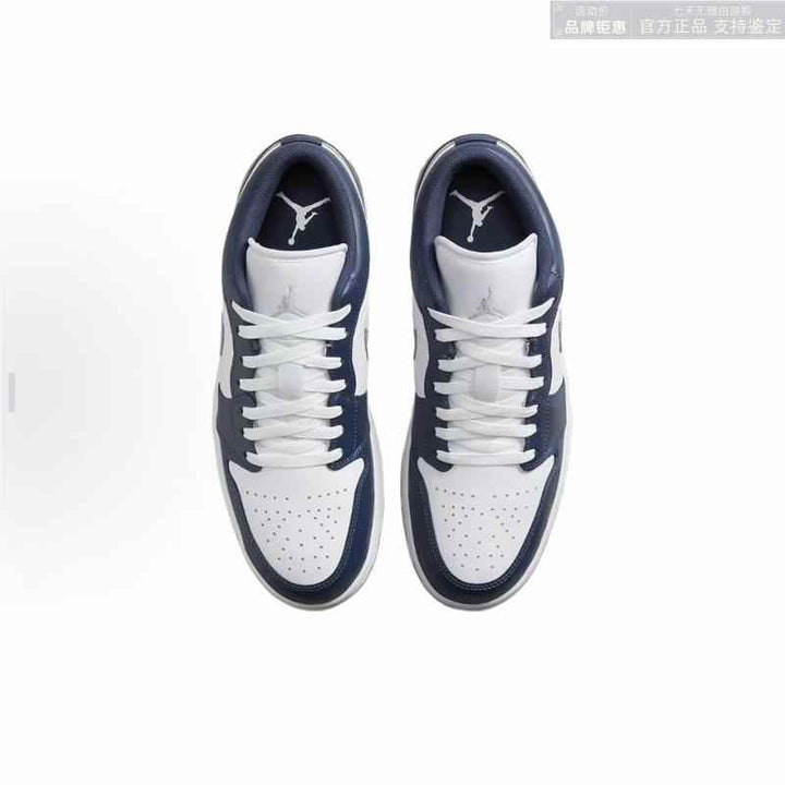 Air Jordan 1 Low sneakers in white, midnight navy, and wolf gray colors.