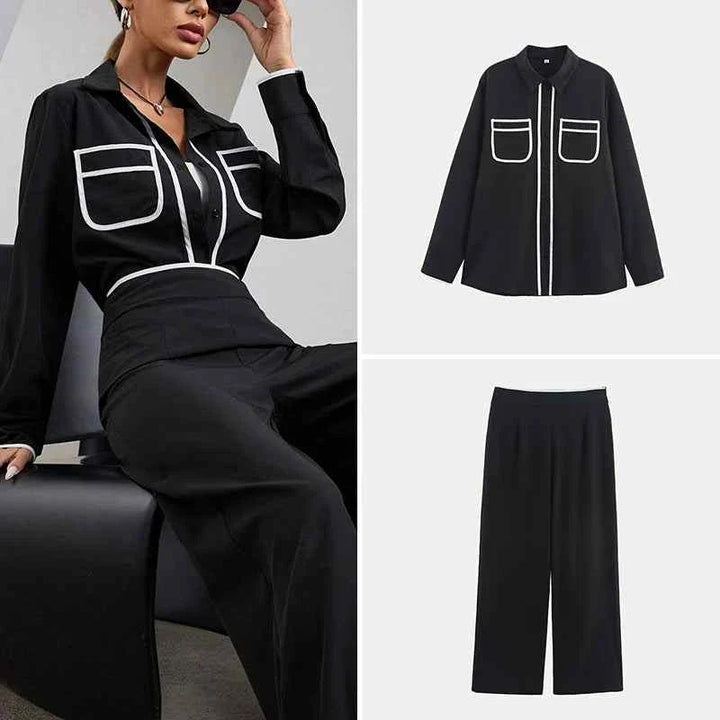 Summer 2025 women's black retro contrast shirt with white piping and matching straight pants suit