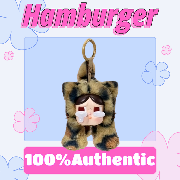 POP MART Crybaby Leopard Cat keychain with hamburger design displaying emotional face in a leopard costume.