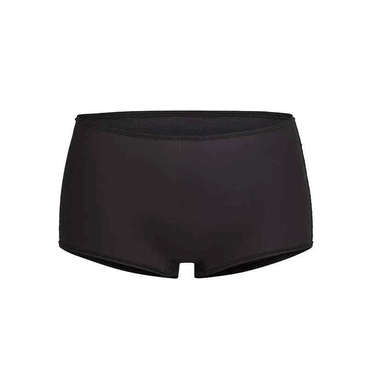 Seamless black women's high stretch boy short panties Pāk Lu SKIMS PANTIES with boxer fit and soft fabric.