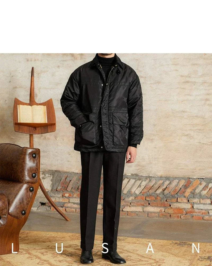 Mr. Lusan jacket Italian black lightweight water-resistant warm jacket with corduroy collar and metal zipper