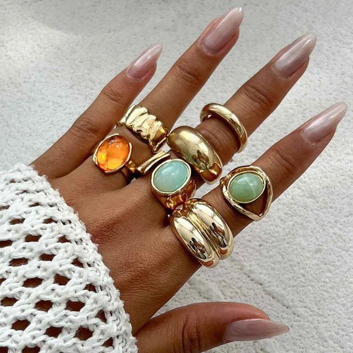 طقم خواتم نسائية عريضة بتصميم Retro معدني مع نقوش ومجوهرات لامعة بأسلوب أوروبي وأمريكي عصري