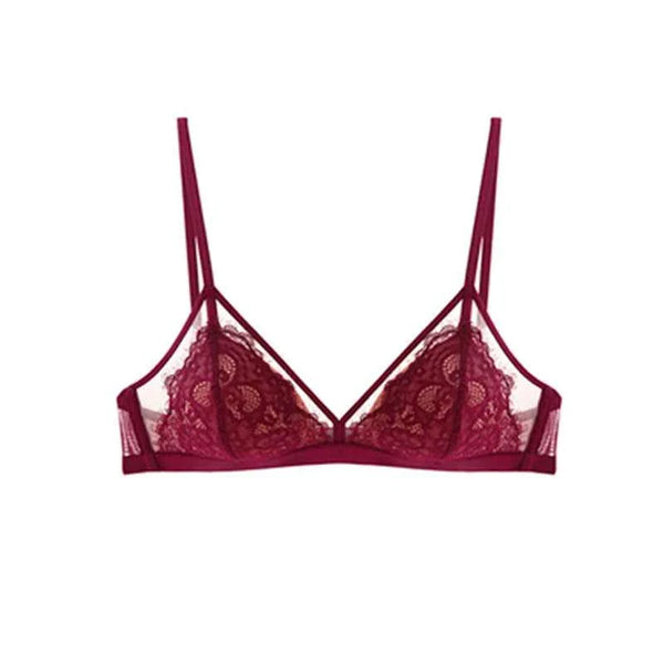 Kardashian SKIMS French lace burgundy lingerie bra with adjustable straps and breathable mesh sides