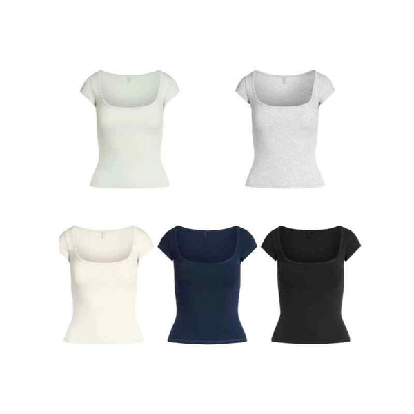 Set of five SKIMS essential square neck tees in white, gray, cream, navy blue, and black, designed for comfort and style.