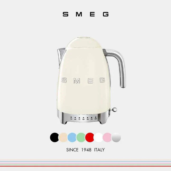 SMEG غلاية KLF04 Retro electric kettle in cream color with 1.7L capacity, stainless steel body, and temperature control.