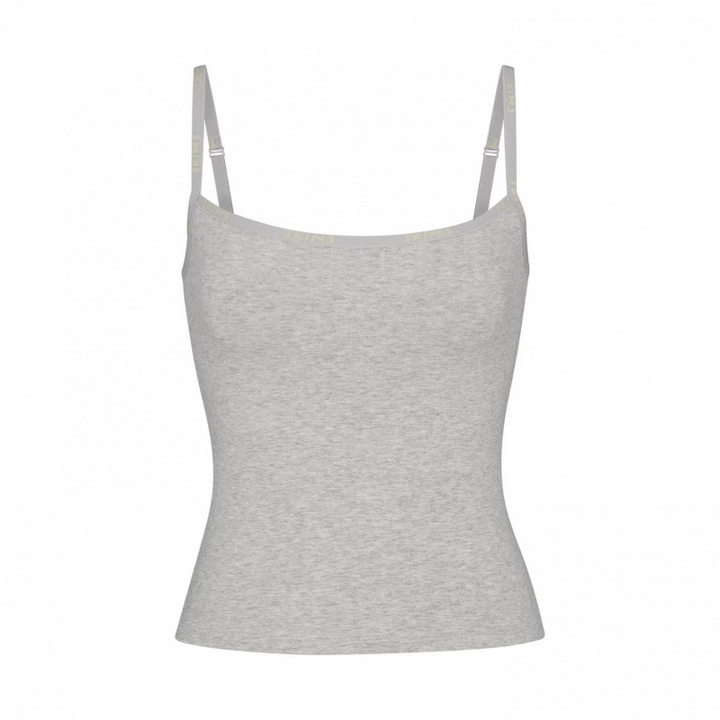 Grey SKIMS essential cami top with thin adjustable straps and a straight cut, made from soft stretchy fabric for everyday comfort.