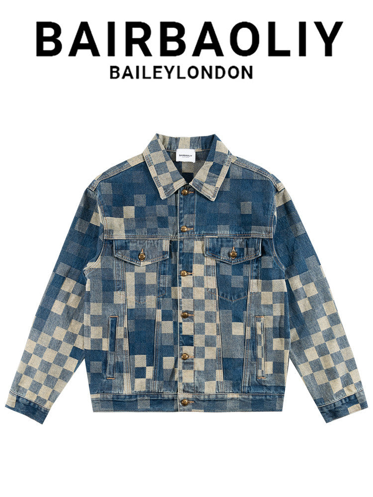 BAIRBAOLIY American light luxury mosaic checkerboard denim jacket trendy pure cotton loose versatile jacket for men