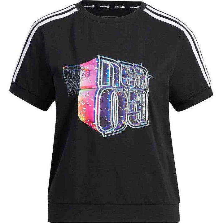 Black Adidas t-shirt with youthful graffiti design and iconic three white stripes on shoulders.