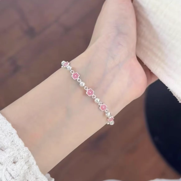 طقم أساور فضة تصميم الزهور الوردية Enamel Style.