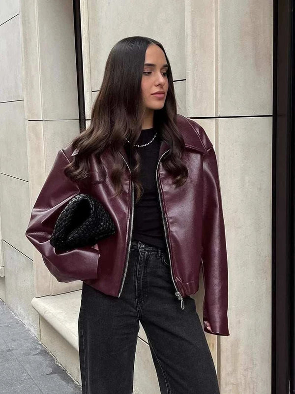 European and American vintage motorcycle leather jacket loose jacket fashionable burgundy leather jacket leather jacket