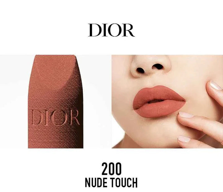 Rouge Dior الكلاسيكية lipstick shade 200 Nude Touch with close-up on textured bullet and model wearing soft nude matte lip color