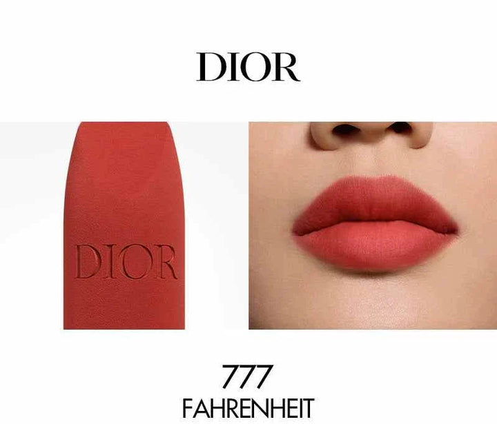 Close-up of red Rouge Dior الكلاسيكية lipstick shade 777 Fahrenheit on lips with Dior embossed lipstick bullet and Dior logo above.