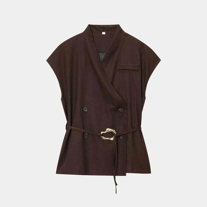 European and American style women's summer top with gold buckle embellishment and solid color casual trousers