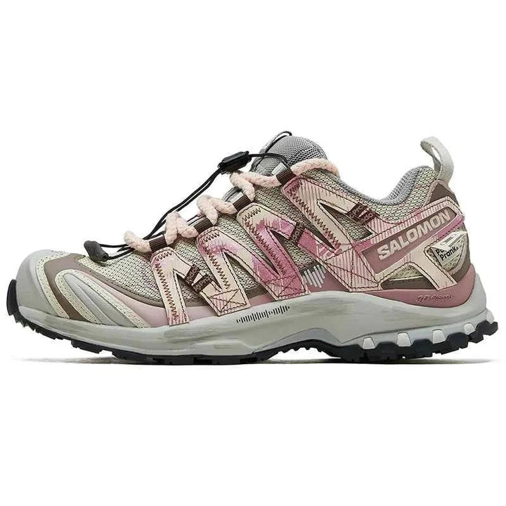 Salomon XA Pro 3D limited edition sneaker in light pink, beige, brown, and gray with Contagrip sole and Quicklace system for outdoor and daily use.