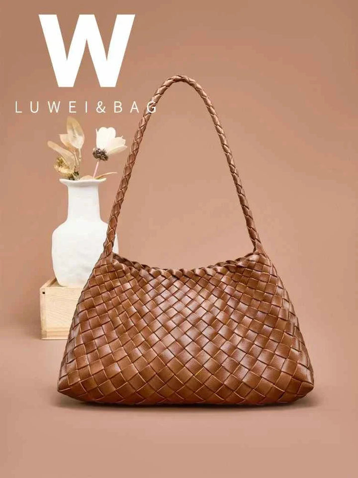 brown dragon woven bag made of premium natural cowhide leather with a braided design and comfortable shoulder strap