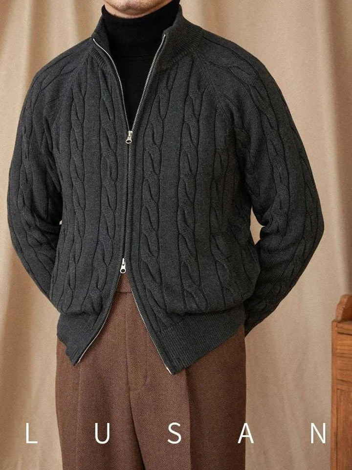Mr. Lusan cotton knitted British cardigan in dark gray with cable knit design and double zipper closure