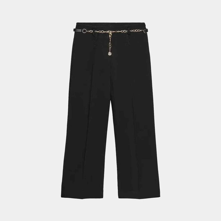 Black women's trousers with chain belt accessory for autumn 2025 fashion set